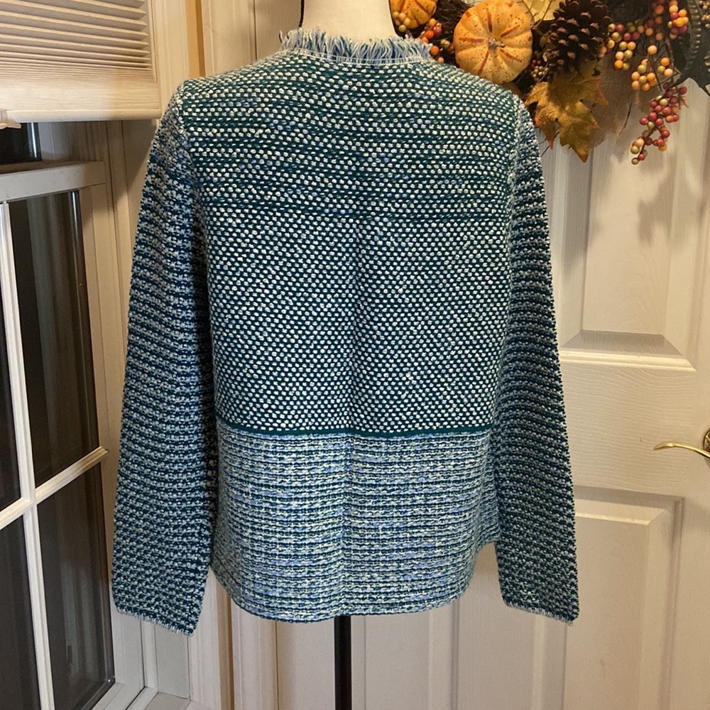 CHICO’S NWT Open Front Structured Tweed Teal Cardigan Size 1 (M) MSRP $119 - Picture 5 of 10